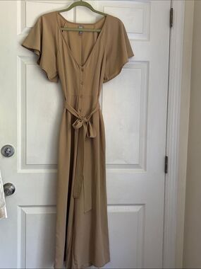 asos beige tan wide leg jumpsuit vneck s fr litter sleeve size 4 waist tie belt